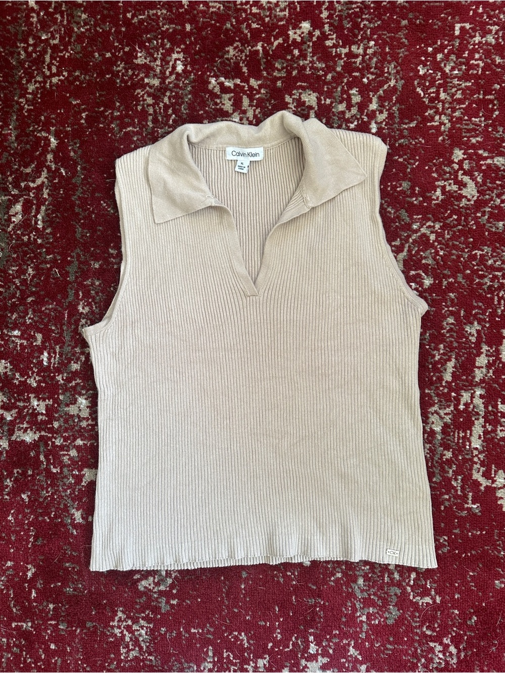 Calvin Klein Ribbed Sleeveless Polo Tank in Light Beige